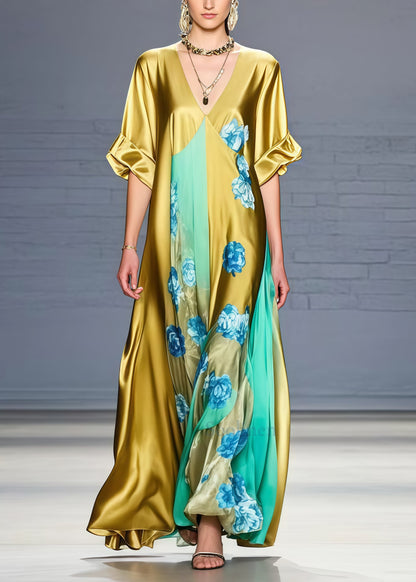 Fine Golden V Neck Patchwork Print Silk Dress Summer