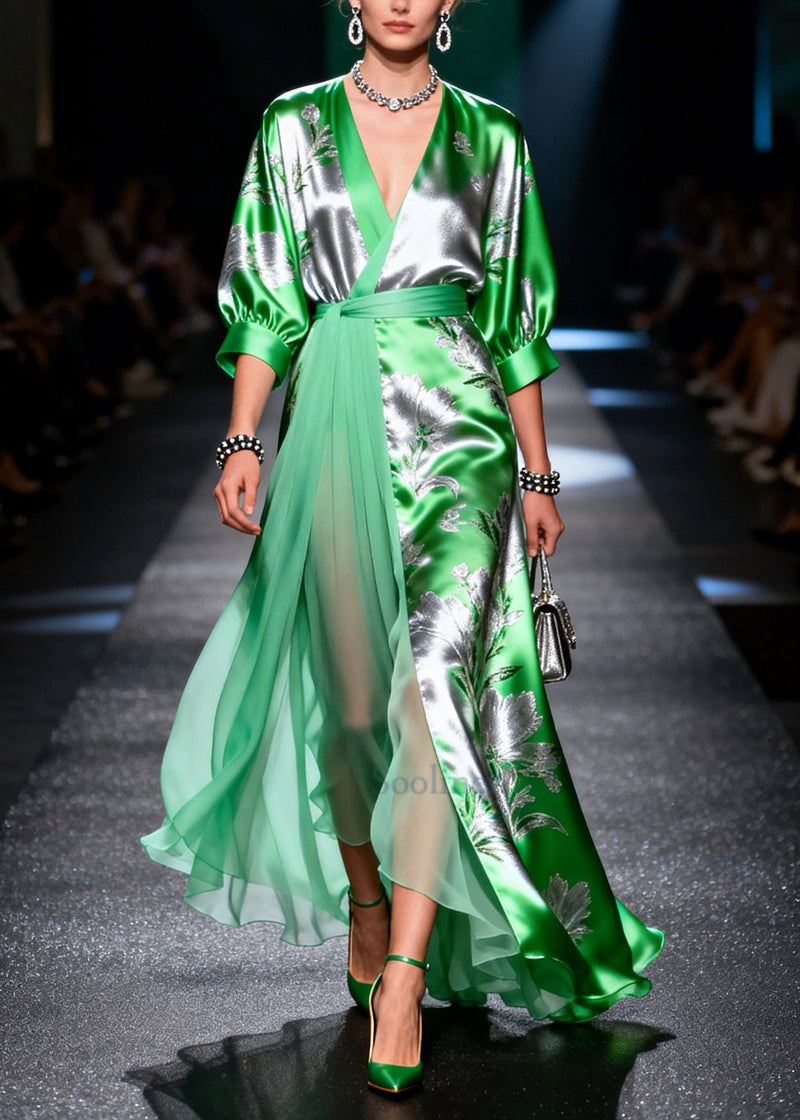Fine Grass Green Jacquard Patchwork Low High Design Chiffon Maxi Dress Summer
