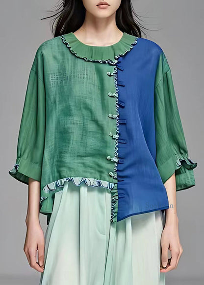 Fine Green Asymmetrical Patchwork Button Top Half Sleeve