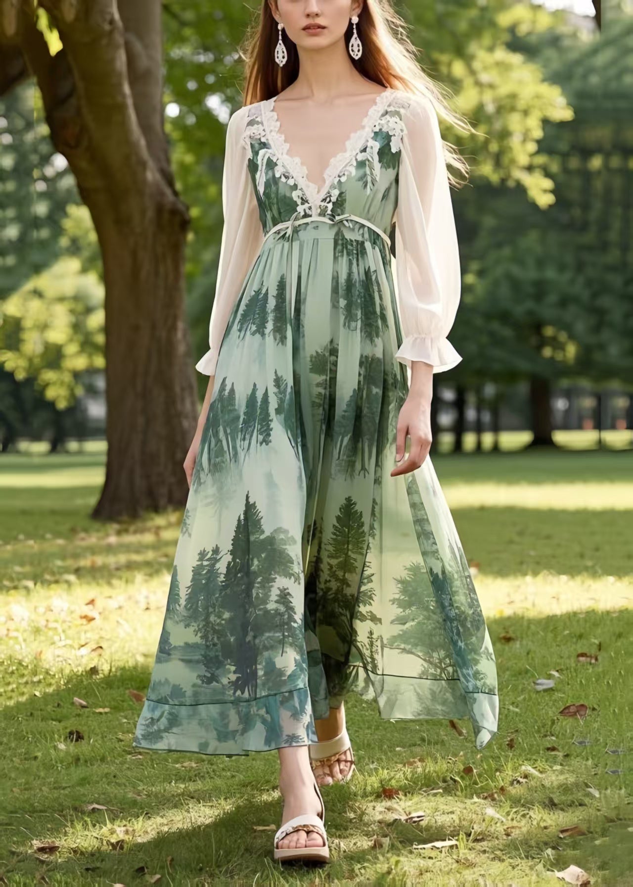 Fine Green Forest Print Chiffon Long Dresses Summer