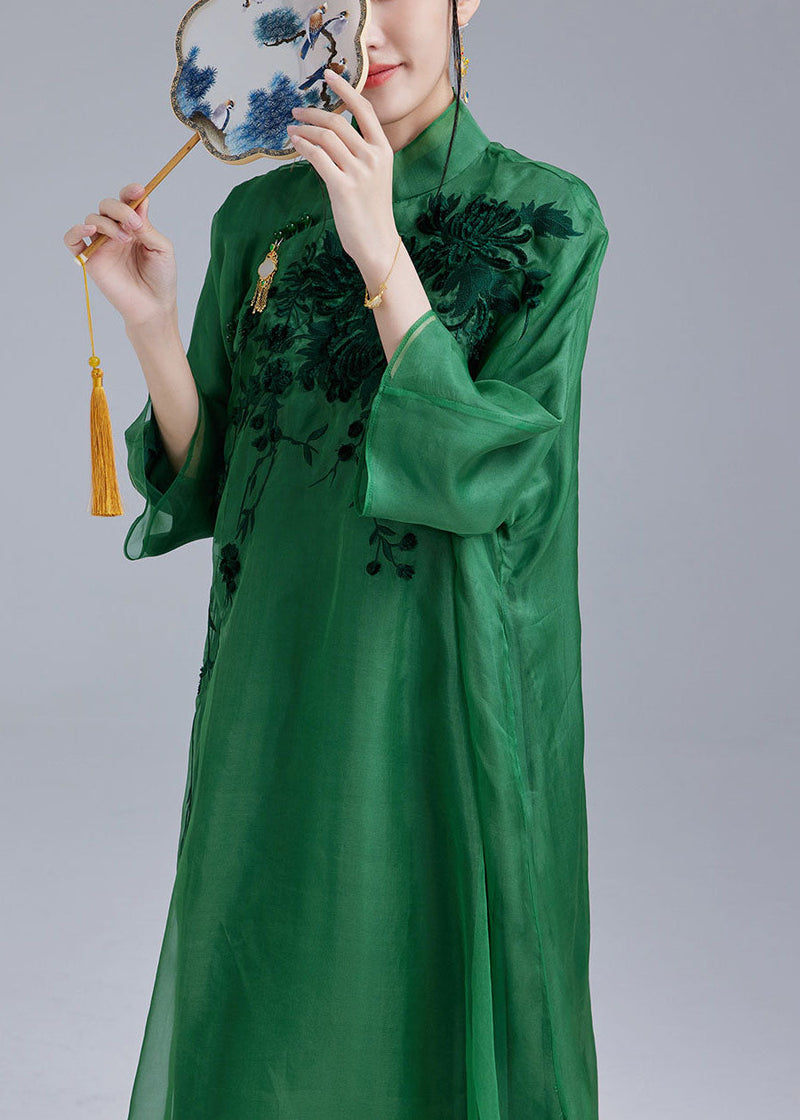 Fine Green Mandarin Collar Embroideried Tulle Silk a Line Dress Bracelet Sleeve
