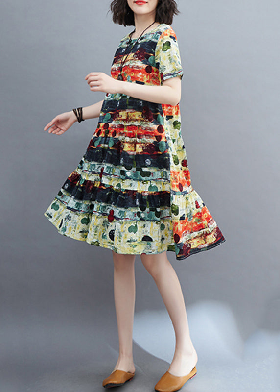 Fine Green O-neck Print Ruffled Patchwork Mid Dress Summer