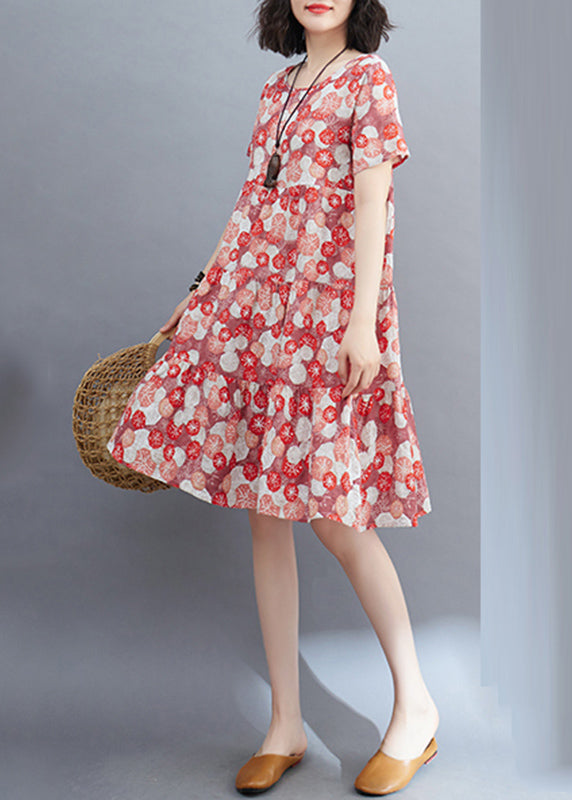 Fine Green O-neck Print Ruffled Patchwork Mid Dress Summer