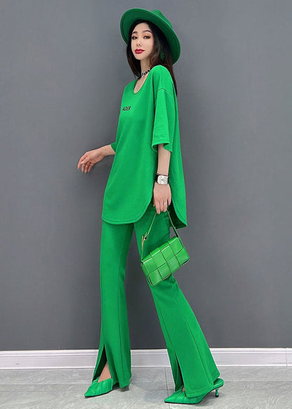 Fine Green O-neck Side Open Letter Print Cotton Tanks and Flare Pants Two-piece Set Summer