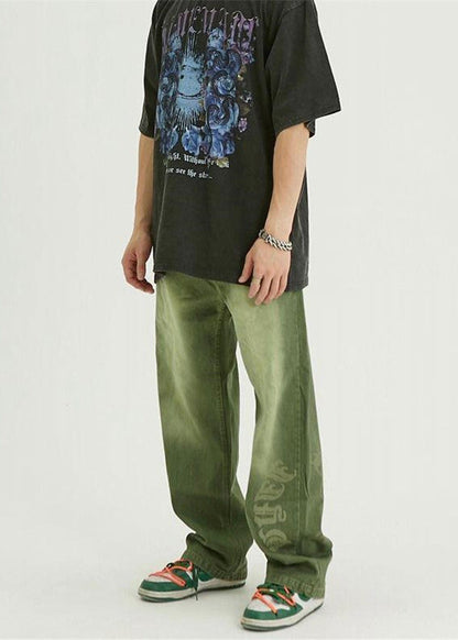 Fine Green Pockets Graphic Denim Pants Clothing Fall