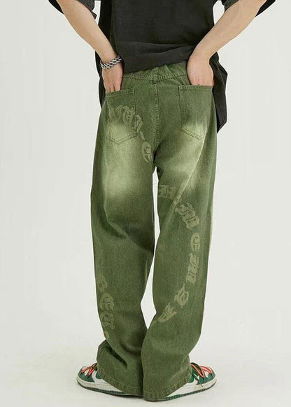 Fine Green Pockets Graphic Denim Pants Clothing Fall