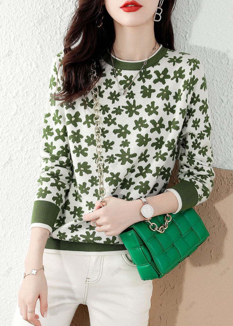 Fine Green Print Knit Knit Top Winter