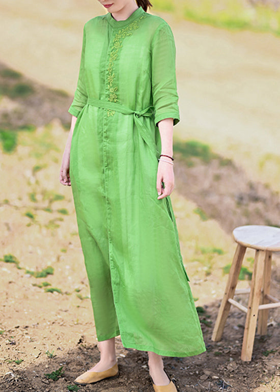 Fine Green Stand Collar Tie Waist Embroideried Linen Party Dress Half Sleeve