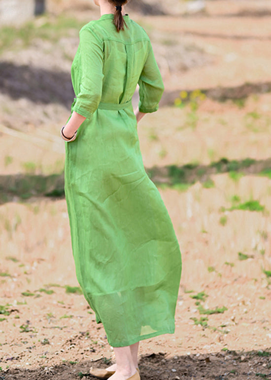 Fine Green Stand Collar Tie Waist Embroideried Linen Party Dress Half Sleeve