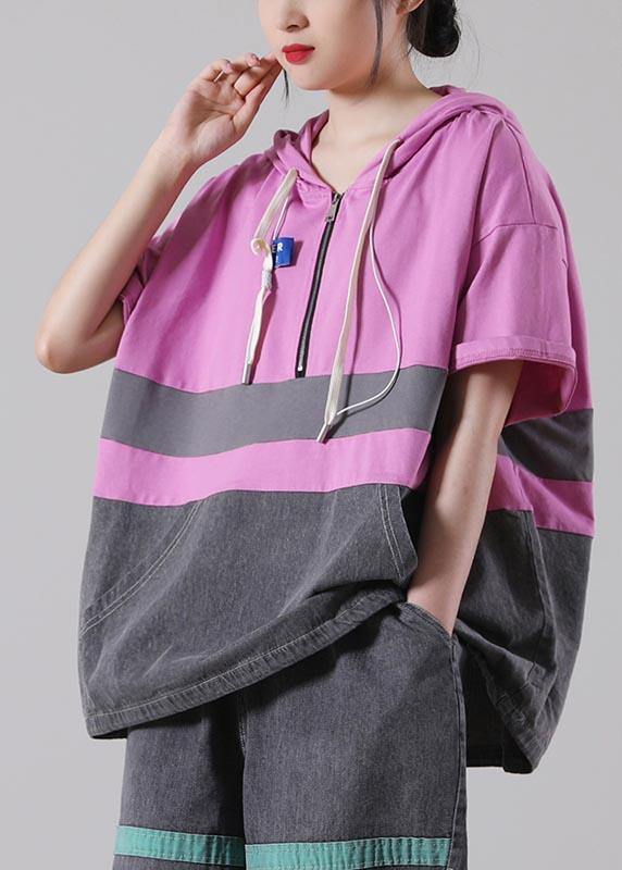Fine Green Hooded Patchwork Cotton Blouses Summer