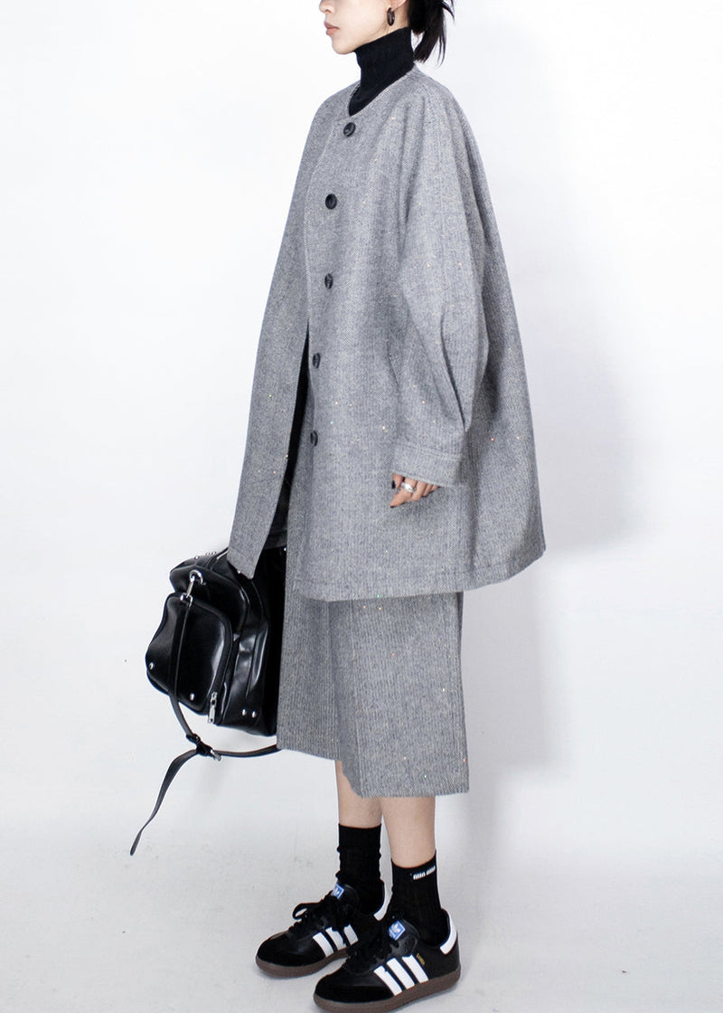 Fine Grey Button Coat and High?waist Crop Pants Woolen Two Pieces Set Fall