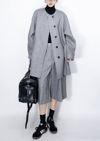 Fine Grey Button Coat and High?waist Crop Pants Woolen Two Pieces Set Fall