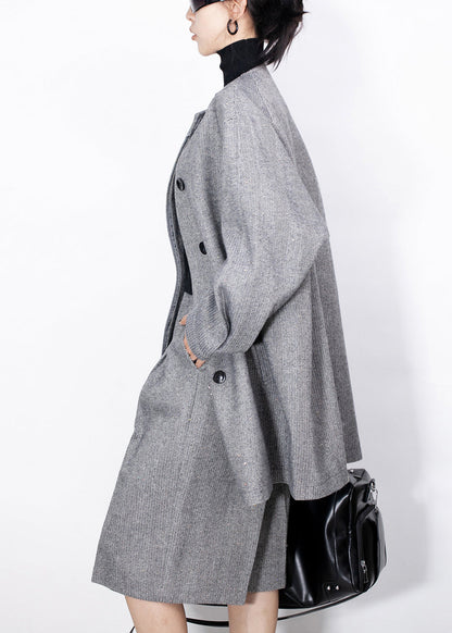 Fine Grey Button Coat and High?waist Crop Pants Woolen Two Pieces Set Fall