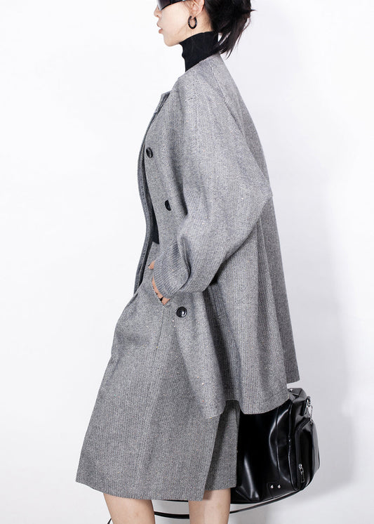 Fine Grey Button Coat and High?waist Crop Pants Woolen Two Pieces Set Fall