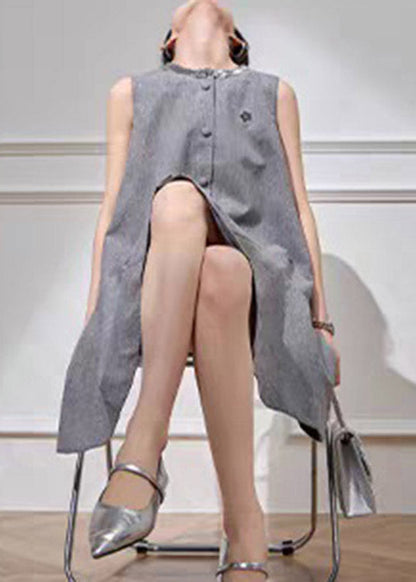 Fine Grey O-neck Butto Vacation Mid Dress Short Sleeve