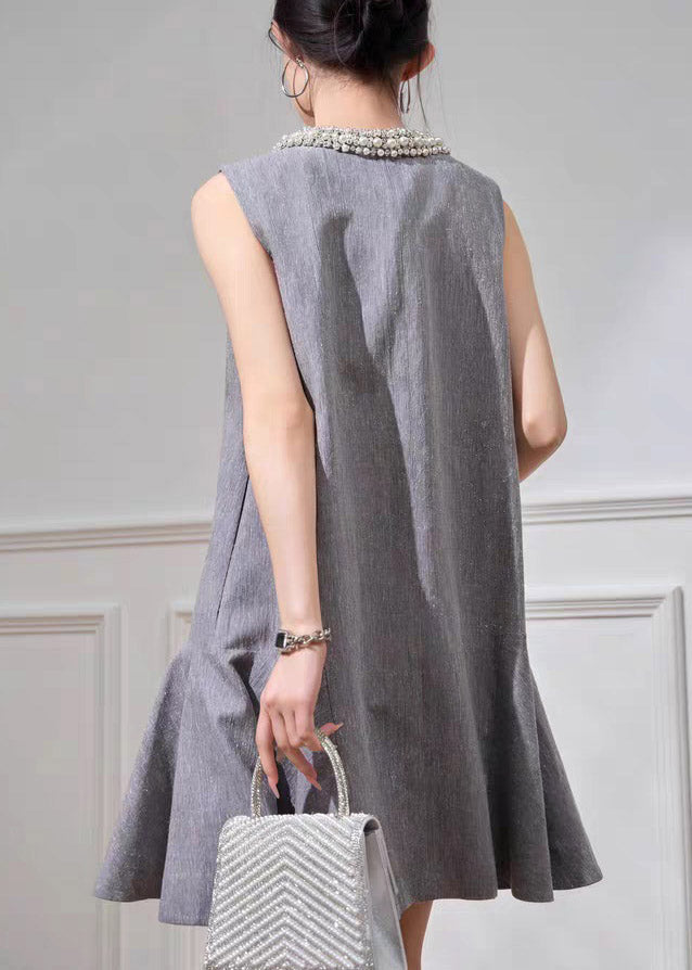 Fine Grey O-neck Butto Vacation Mid Dress Short Sleeve