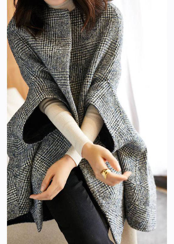 Fine Grey Plaid O-neck Button Fall Woolen Three Quarter Sleeve Parka