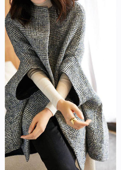 Fine Grey Plaid O-neck Button Fall Woolen Three Quarter Sleeve Parka
