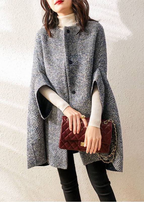 Fine Grey Plaid O-neck Button Fall Woolen Three Quarter Sleeve Parka