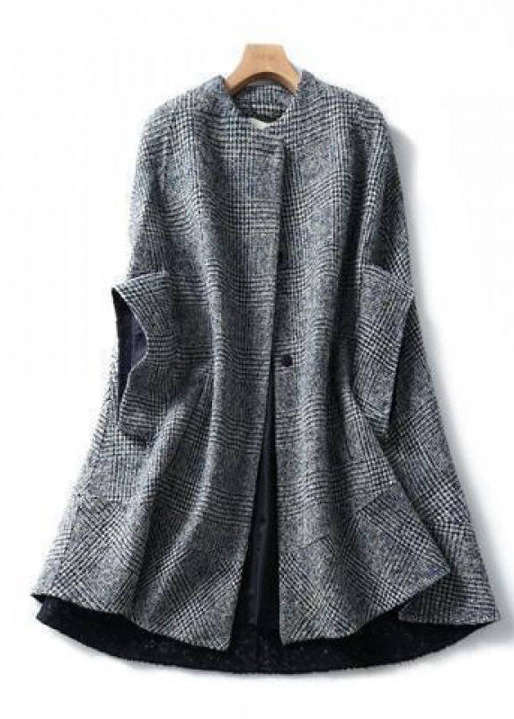 Fine Grey Plaid O-neck Button Fall Woolen Three Quarter Sleeve Parka