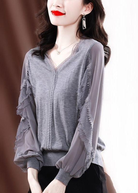 Fine Grey Tulle Patchwork Ruffled Knit Shirt Spring