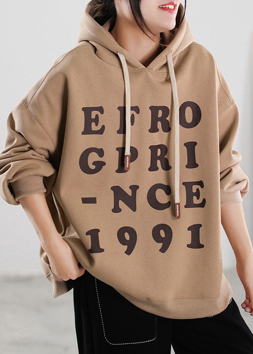 Fine Khaki Hooded Graphic Warm Fleece Sweatshirt Street Wear Winter