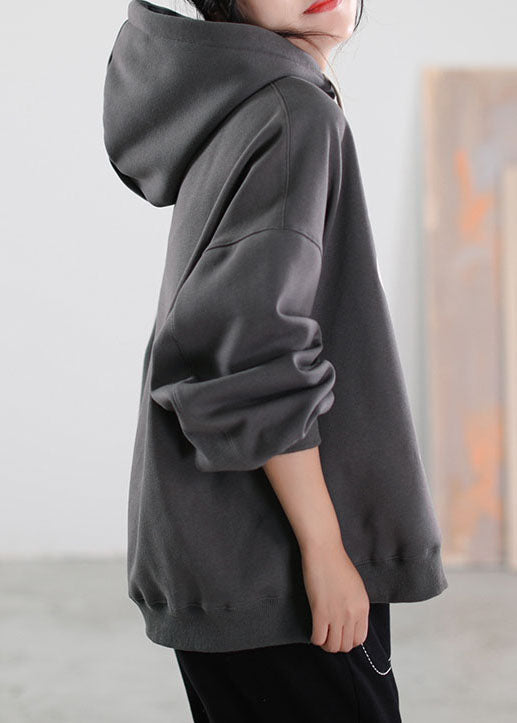 Fine Khaki Hooded Graphic Warm Fleece Sweatshirt Street Wear Winter