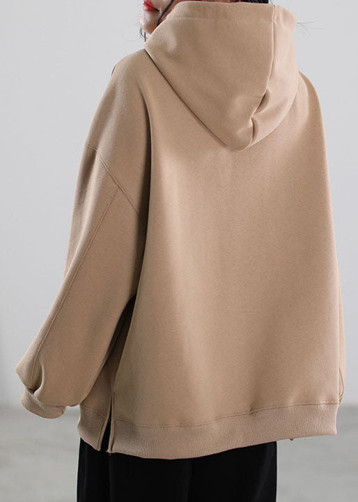 Fine Khaki Hooded Graphic Warm Fleece Sweatshirt Street Wear Winter