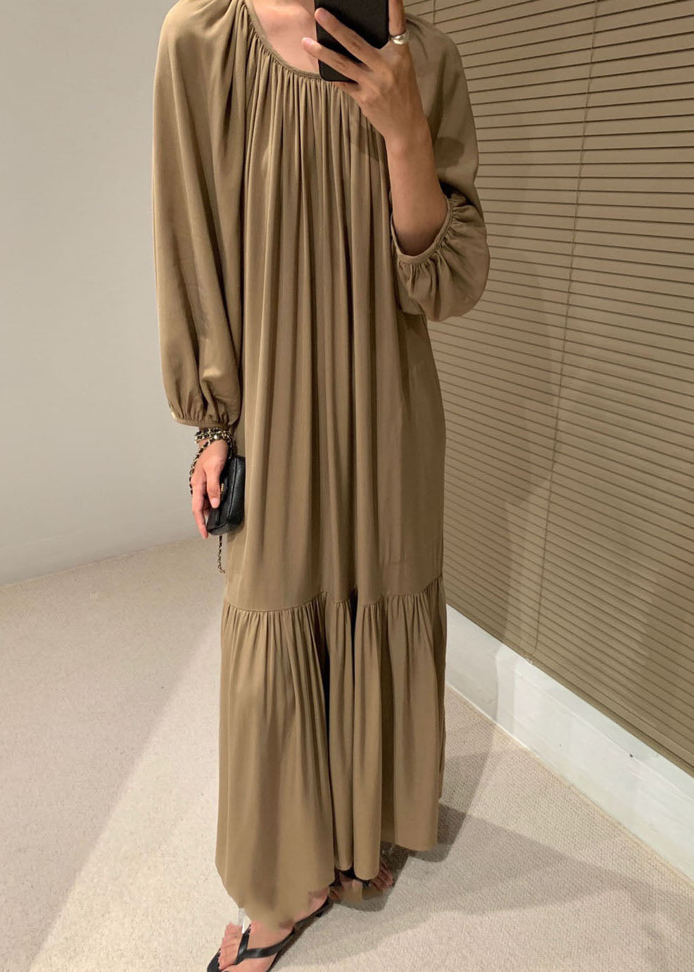 Fine Khaki Patchwork Wrinkled Cotton Dresses Spring