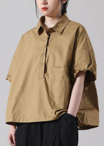 Fine Khaki Pockets Cotton Tops Short Sleeve