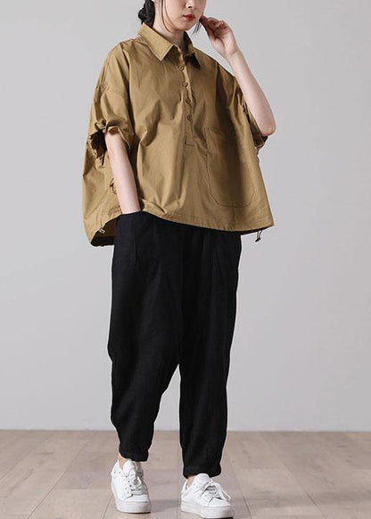 Fine Khaki Pockets Cotton Tops Short Sleeve