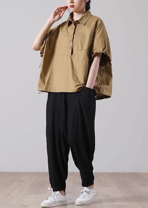 Fine Khaki Pockets Cotton Tops Short Sleeve