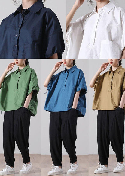 Fine Khaki Pockets Cotton Tops Short Sleeve