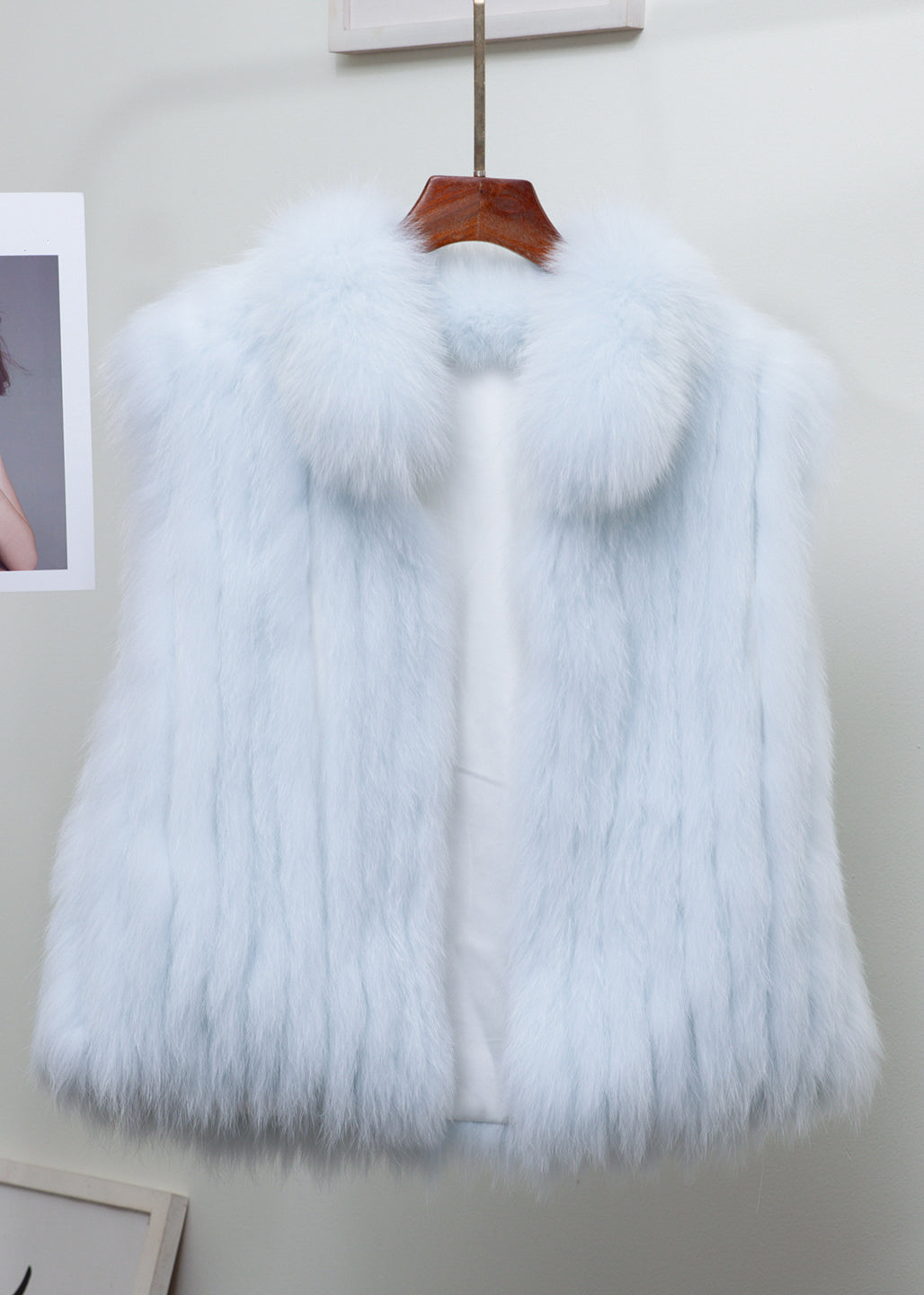 Fine Light Blue Stand Collar Leather and Fur Waistcoat Sleeveless