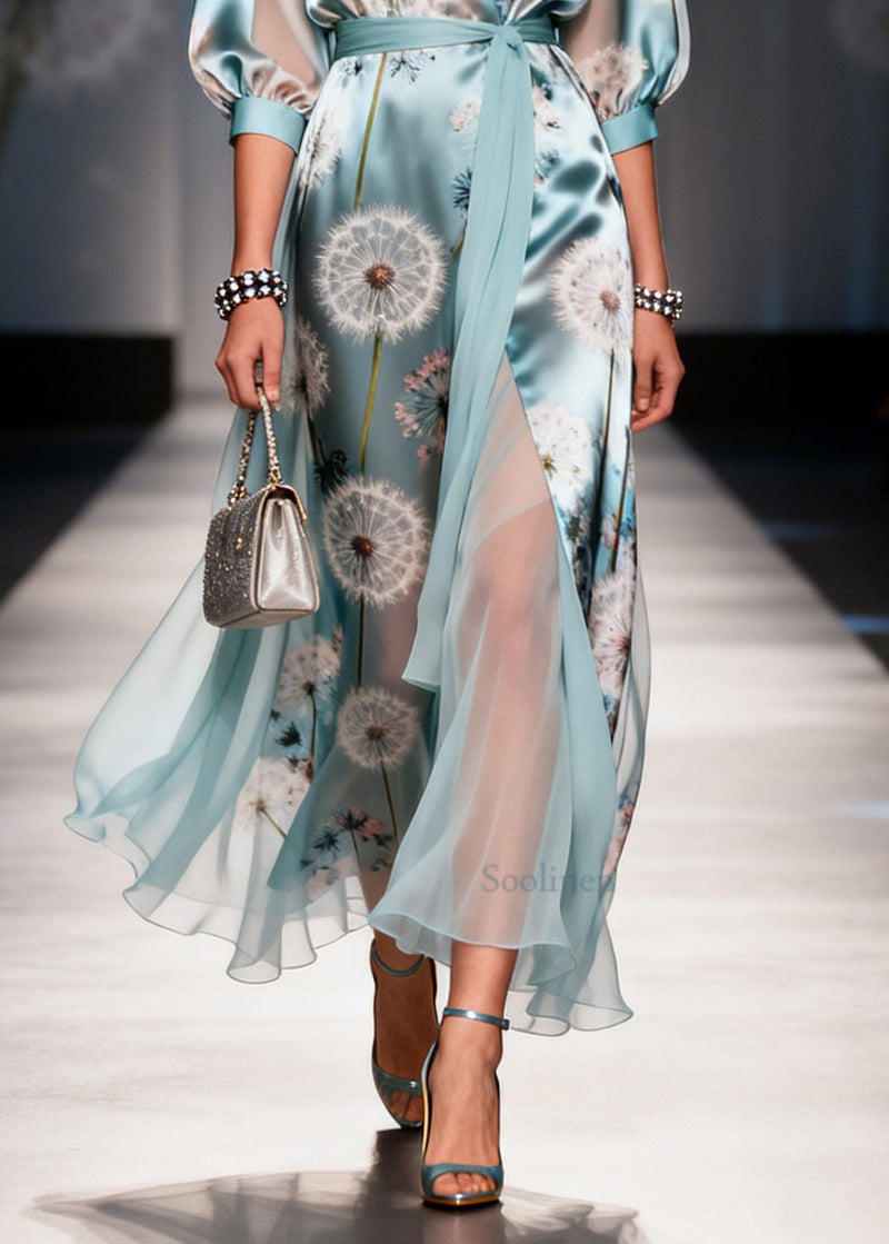 Fine Light Blue Tunic Dandelion Print Chiffon Long Dresses Summer