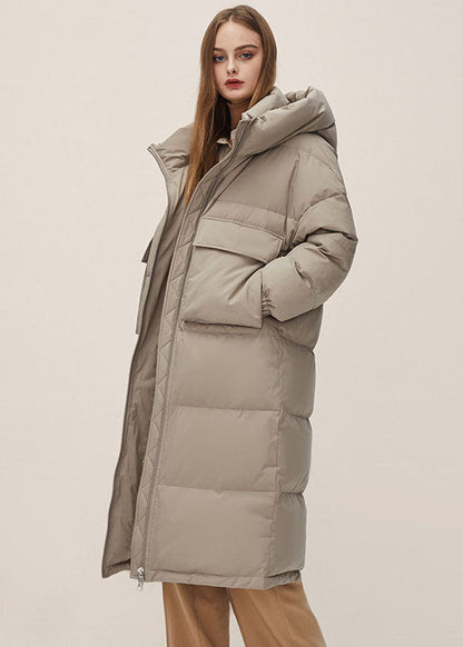 Fine Light Grey Stand Collar Hooded Pockets Duck Down Puffers Jackets Winter