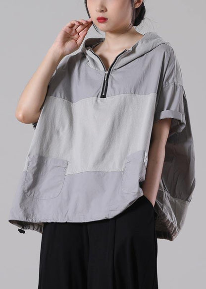 Fine Light Grey Zippered Patchwork Cotton T Shirt Summer