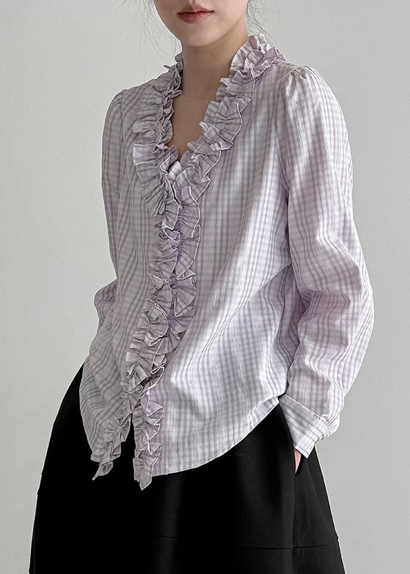 Fine Light Purple Ruffled Plaid Cotton Blouse Top Spring