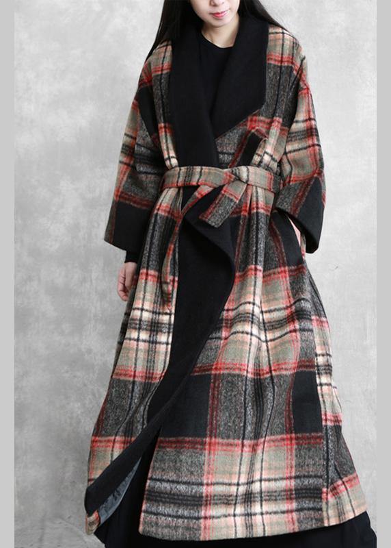 Fine Loose Fitting Maxi Coat Red Plaid Notched Tie Waist Woolen Coat