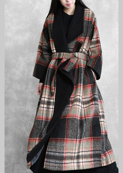 Fine Loose Fitting Maxi Coat Red Plaid Notched Tie Waist Woolen Coat