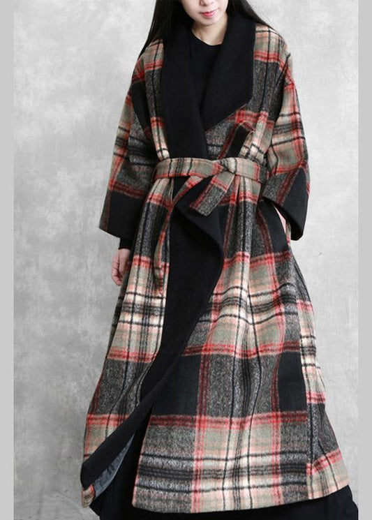 Fine Loose Fitting Maxi Coat Red Plaid Notched Tie Waist Woolen Coat