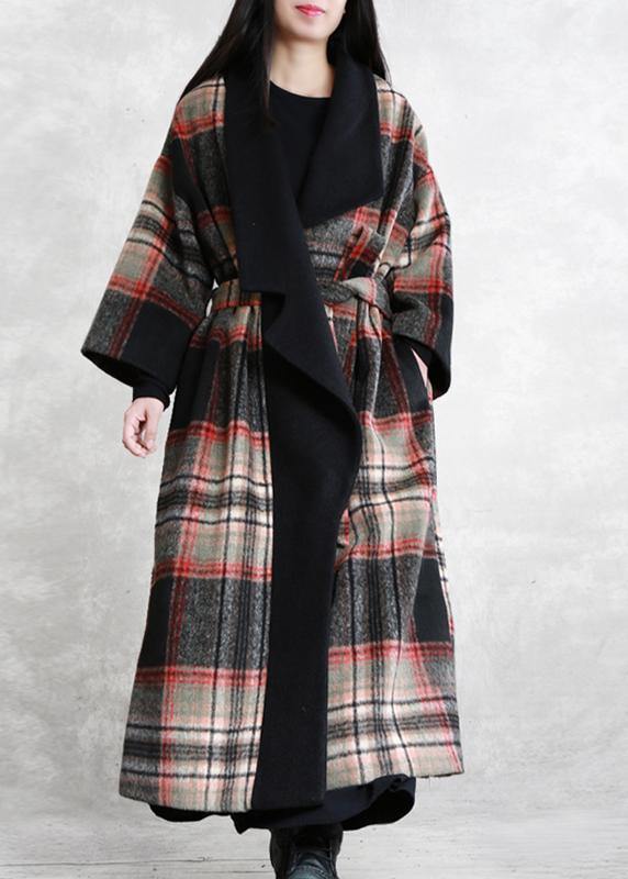 Fine Loose Fitting Maxi Coat Red Plaid Notched Tie Waist Woolen Coat