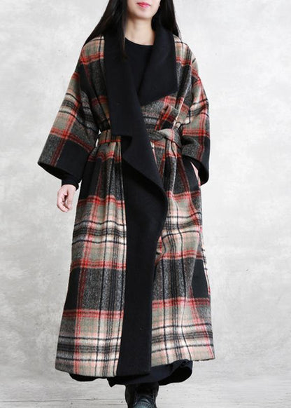 Fine Loose Fitting Maxi Coat Red Plaid Notched Tie Waist Woolen Coat