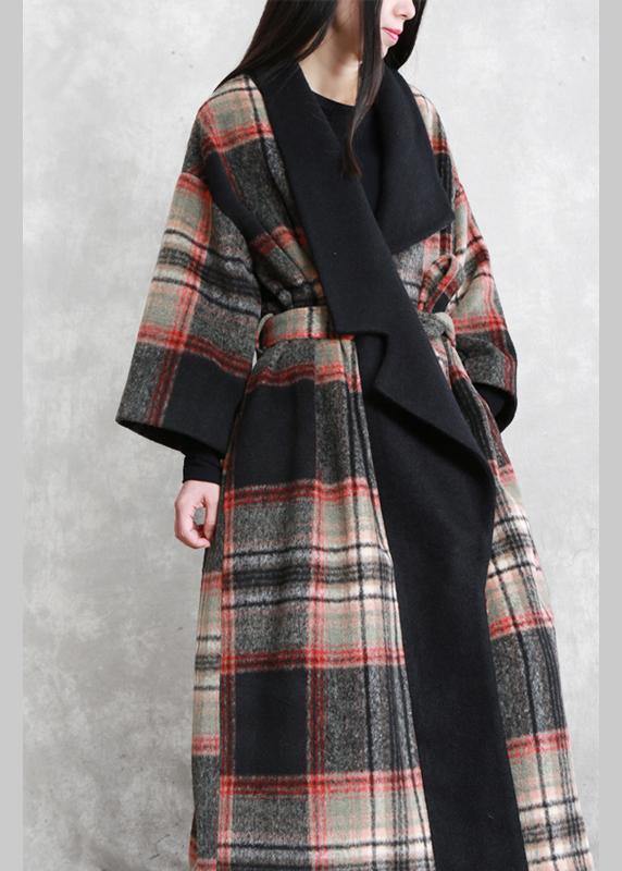 Fine Loose Fitting Maxi Coat Red Plaid Notched Tie Waist Woolen Coat