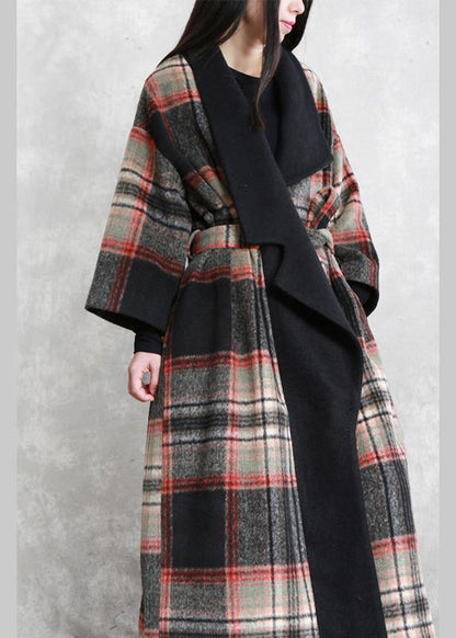 Fine Loose Fitting Maxi Coat Red Plaid Notched Tie Waist Woolen Coat