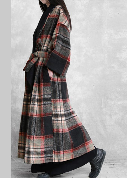 Fine Loose Fitting Maxi Coat Red Plaid Notched Tie Waist Woolen Coat