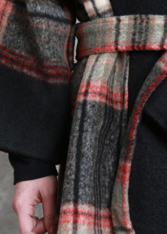 Fine Loose Fitting Maxi Coat Red Plaid Notched Tie Waist Woolen Coat