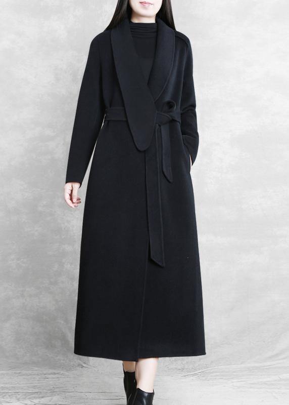Fine Loose Fitting Maxi Coat Woolen Outwear Black Tie Waist Pockets Overcoat