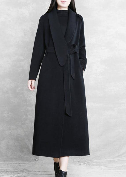 Fine Loose Fitting Maxi Coat Woolen Outwear Black Tie Waist Pockets Overcoat