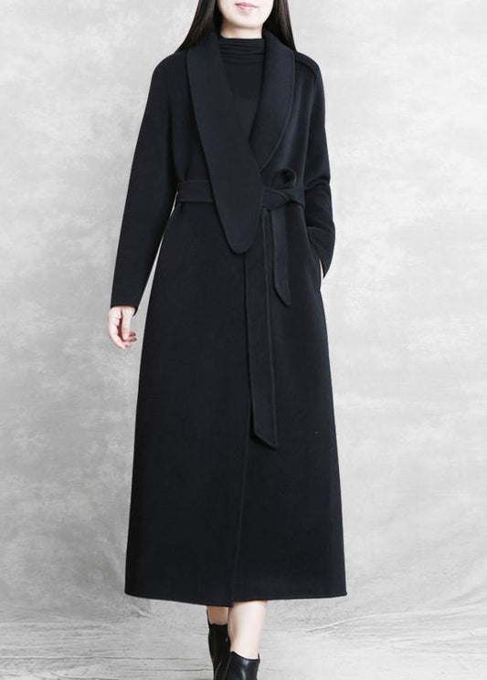 Fine Loose Fitting Maxi Coat Woolen Outwear Black Tie Waist Pockets Overcoat